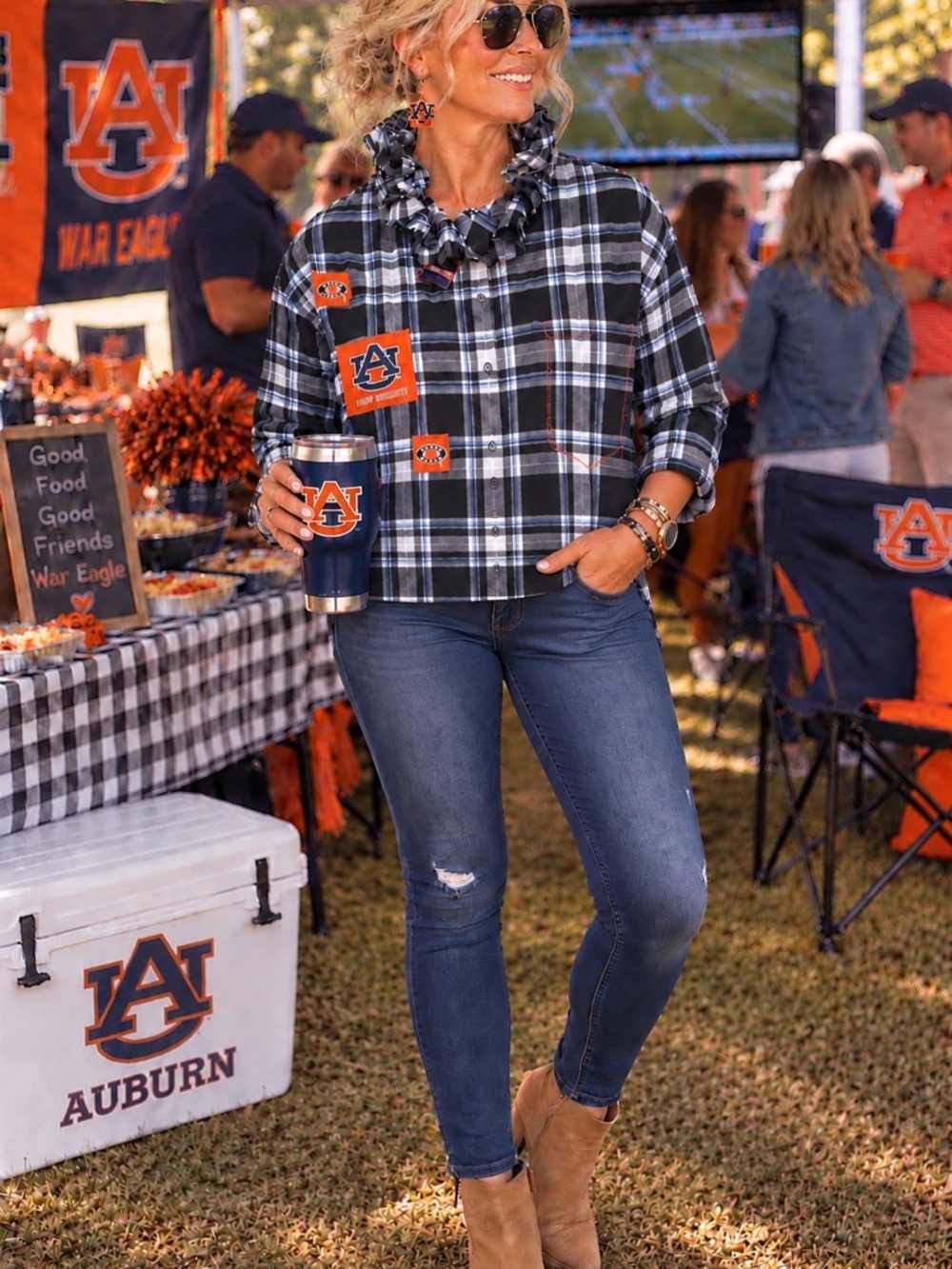 Handmade UpCycled Reworked Ruffle-Collar Plaid Button-Down Shirt in Auburn